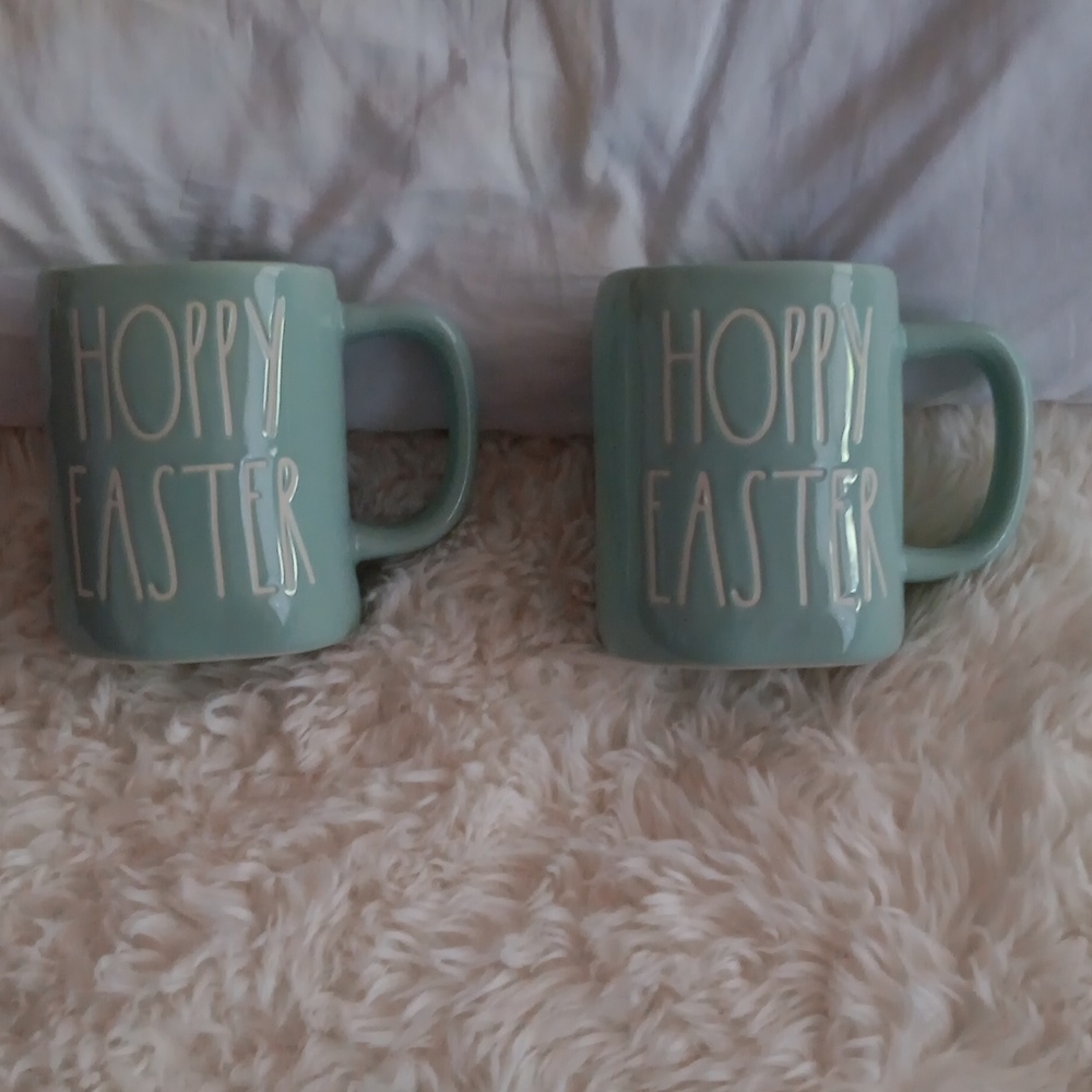 Rae Dunn, "Hoppy Easter" 2 mugs, light blue, NEW